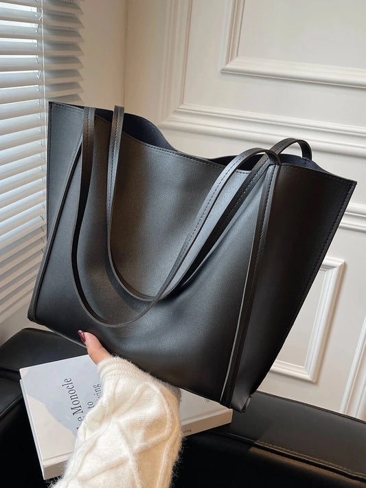 Elegant svart toteväska i PU-läder med dubbla handtag